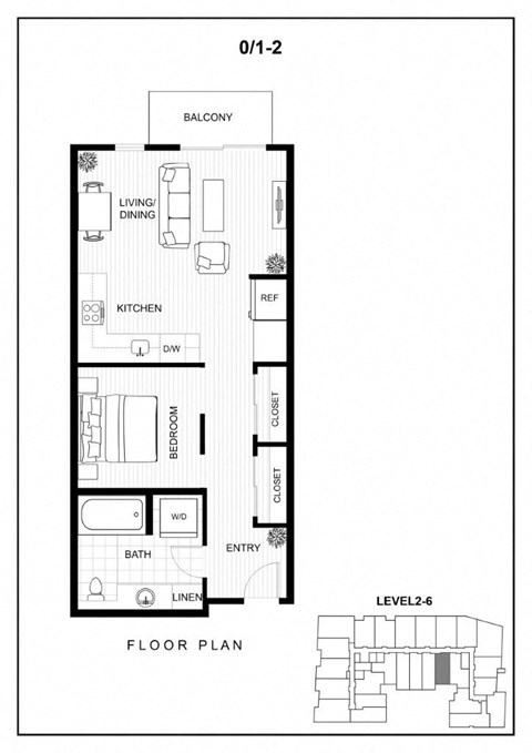 Floor plan for 1 bed, 1 bath, 588 sqft